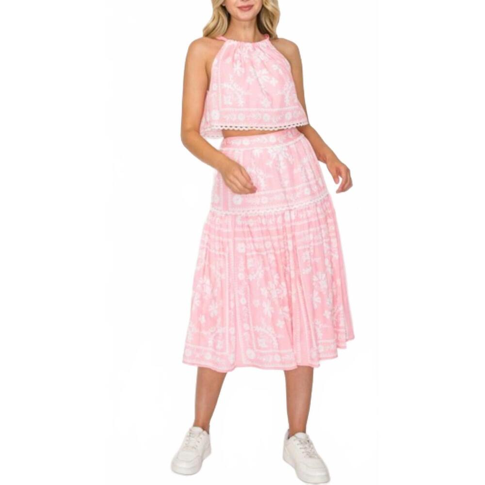 NEW LOVE WEDNESDAY placement print halter top and skirt set in pink